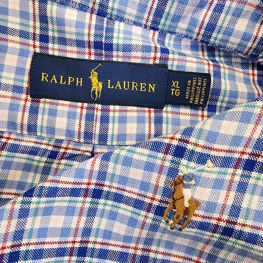 Ralph Lauren Mens XL Oxford Button Shirt Plaid Blue Green Pink Red Long Sleeve